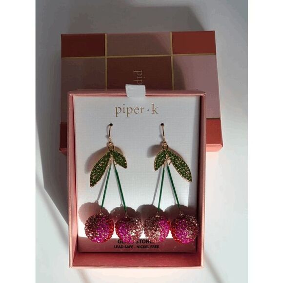 🍒 PIPER K Cherry Glass Stones Nickel Free Drop Statement Earrings NEW IN BOX - Picture 9 of 14
